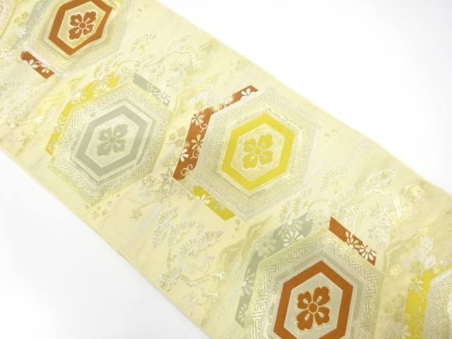 JAPANESE KIMONO / ANTIQUE FUKURO OBI / WOVEN RHOMBUS FLOWER & PINE